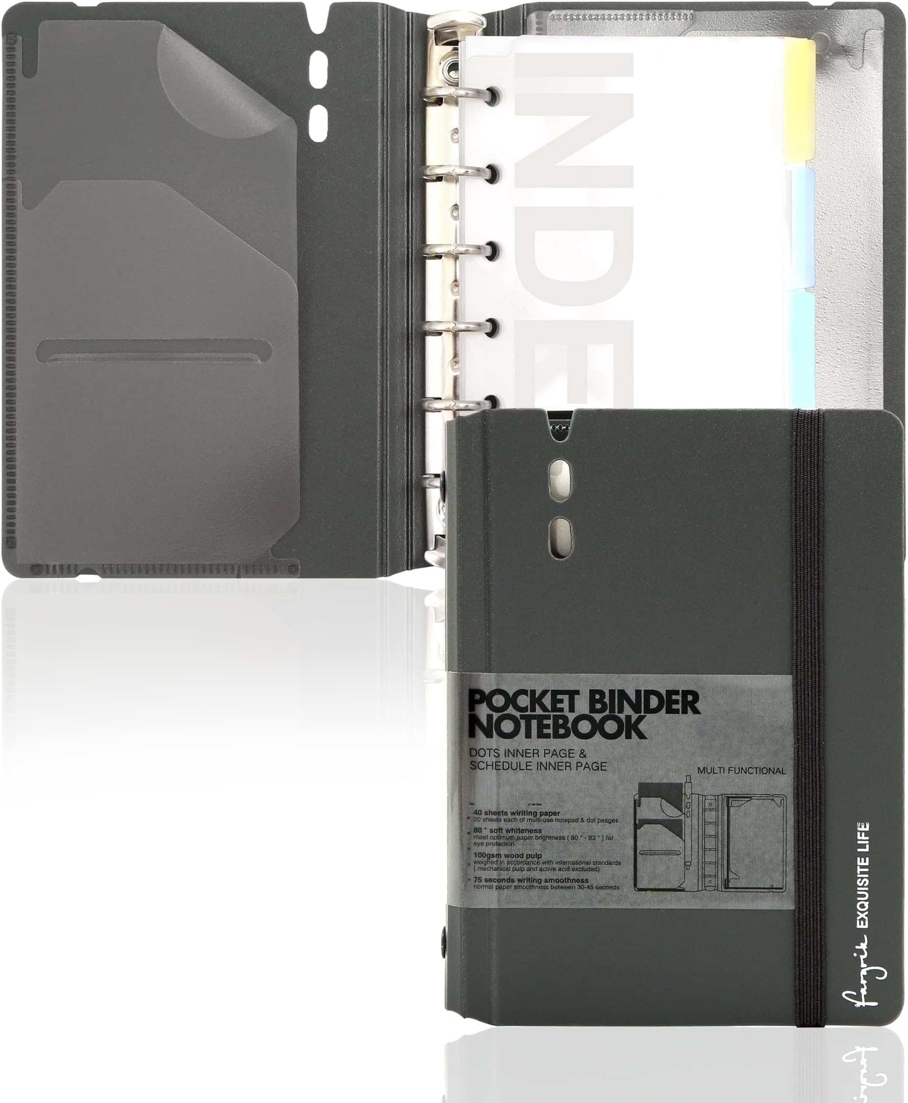 CAGIE A7 Binder 6 Ring Notebook with Dividers Refillable Planner Binder with Pockets, A5 Refill Paper Include Planning Square Ruled and Dotted Pages, 4.13 x 5.71 In, (Grey, A7 Hourly&Dot Page)