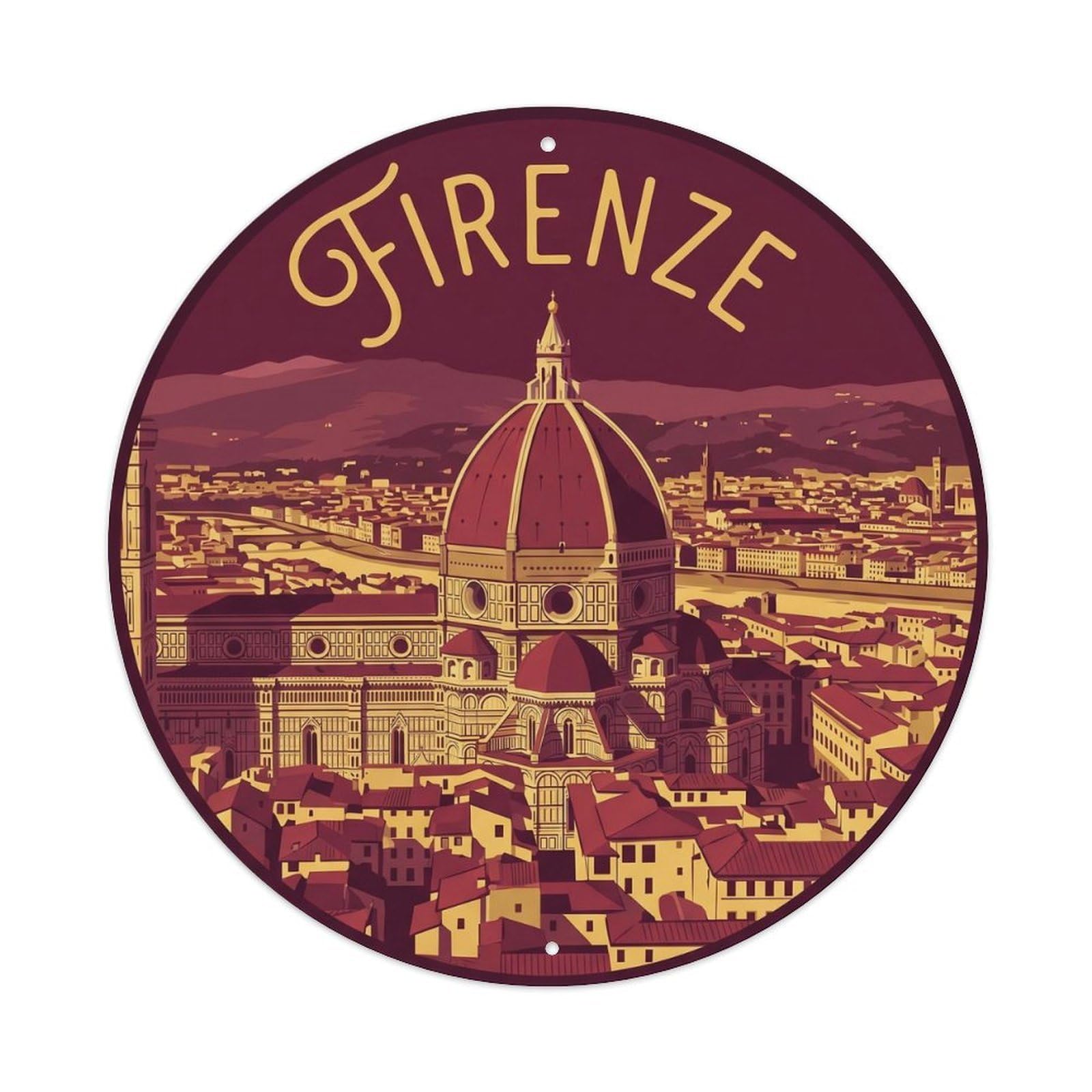 Vintage Travel Florence Duomo Skyline Metal Tin Sign Plaque Wall Decor for Cafe, Club Bar, Office, Home Garden Round Metal Poster 8x8Inch