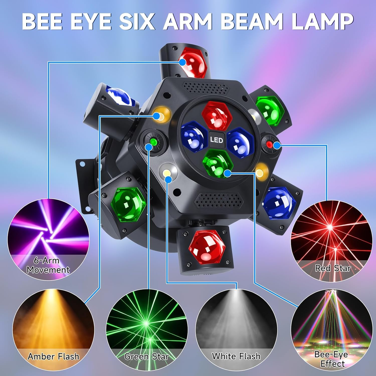 2026 Nouvelle lampe atmosphérique LED multi-faisceaux, lampe de scène rotative à 6 bras de 150W, 0-100% de dimmabilité, laser/stroboscopique, support de télécommande et activation par son pour DJ