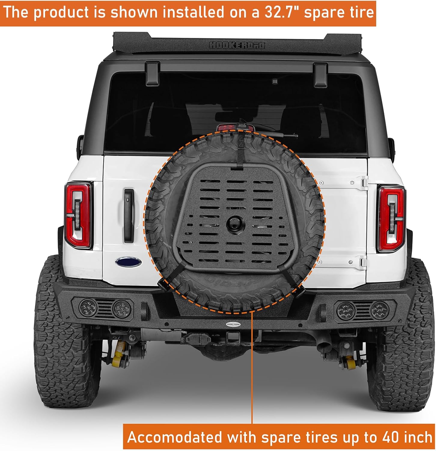 Hooke Road Universal Spare Tire MOLLE Panel Accessory Mount Storage Cargo Rack Fits up to 40" Tires - for 1987-2018 Jeep Wrangler YJ TJ JK & 2021-2026 Ford Bronco 2 or 4 Doors