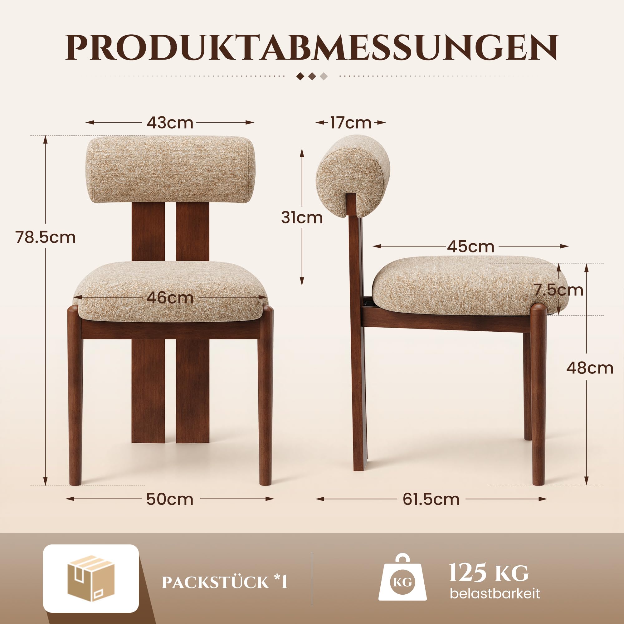 MALOL Esszimmerstühle 2er Set, Polsterstuhl Essstühle mit Holzbein, Modern Stoff Esstisch Stühle mit Fester Rückenlehne für Esszimmer, Küche, Restaurant, Mit dunkelbraunen Beinen, Kamel