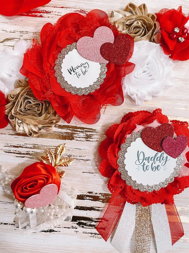 Mommy & Daddy to Be Baby Shower Sash and Badge Set – Red, White, Pink Floral Design with Glitter Hearts – Gender Reveal Party Decorations & Gifts for Expectant Parents