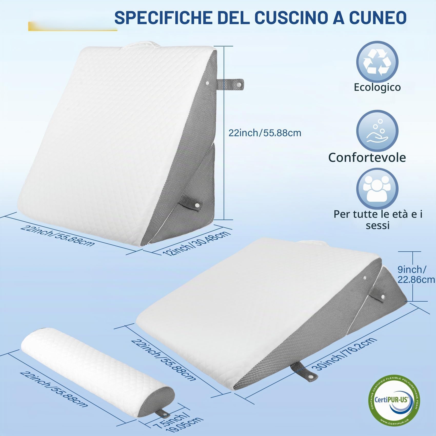 3 in 1 Cuscino a Cuneo, Cuscino a Cuneo Per Letto Con Memory Foam | CuscCuneo Letto Regolabile, Cuscino a Cuneo Antireflusso, Per Seduta Con Fodera Lavabile, Per Apnea Del Sonno, Lettura