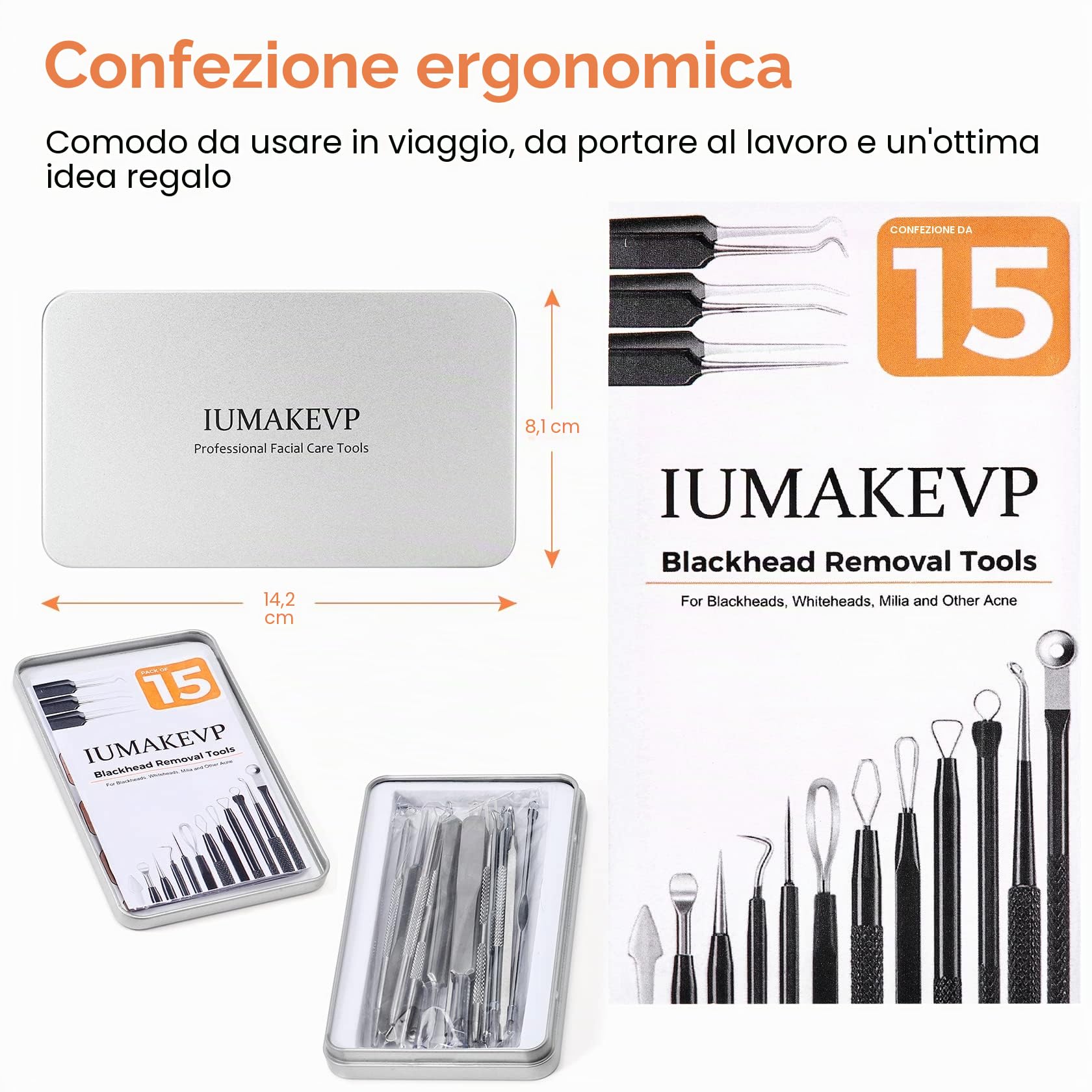 Kit di Strumenti per la Rimozione dei Punti Neri [15 Pezzi], IUMAKEVP Estrattori per Brufoli Professionale in Acciaio Inossidabile per il Trattamento e la Togli di Comedoni e Acne sul Viso (Argento)