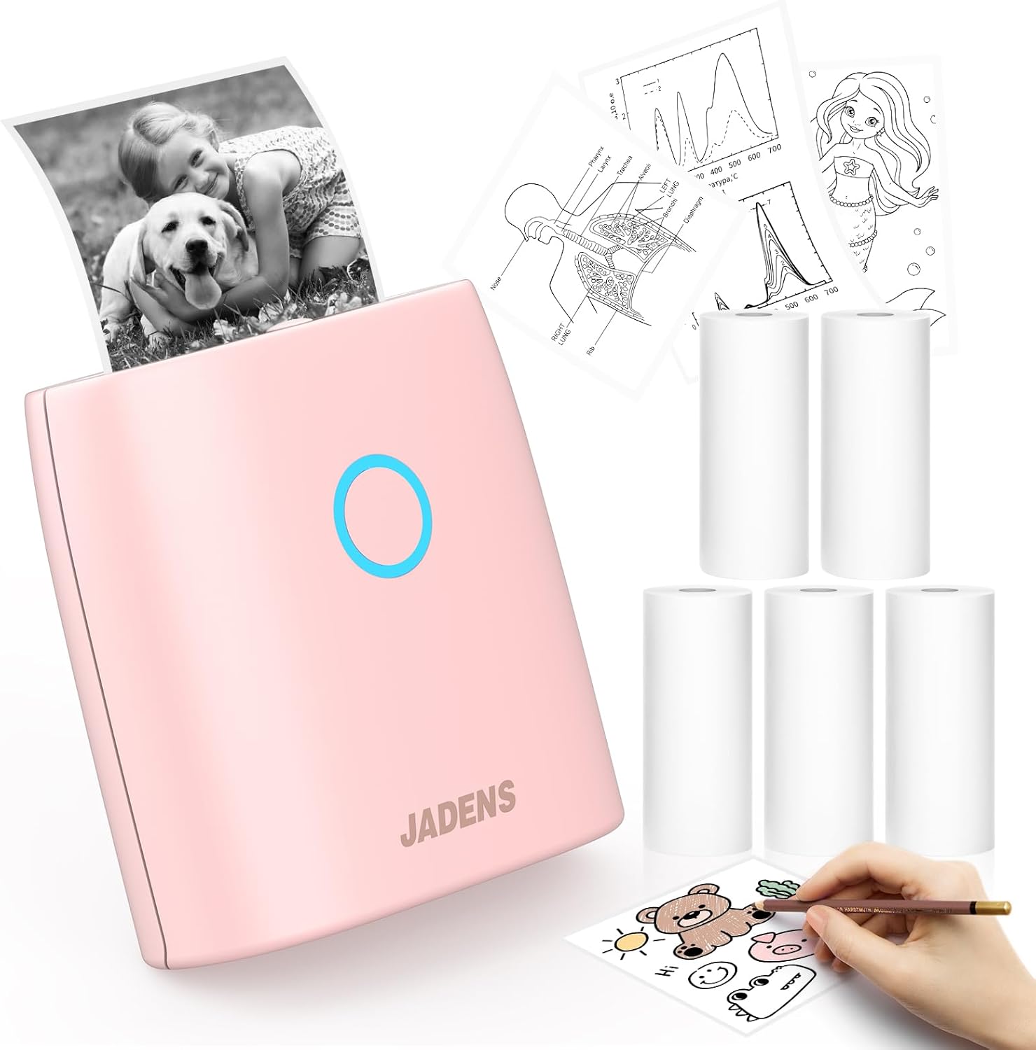 JADENS Sticker Printer with 5Rolls Thermal Paper