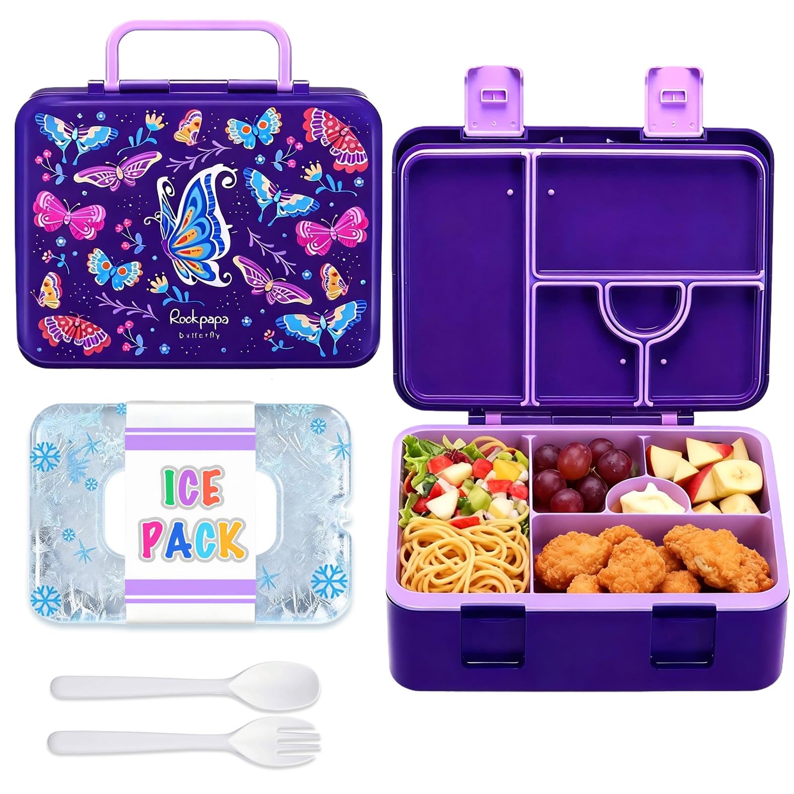 rockpapa 5 Compartment Bento Lunch Box with Ice Pack for Kids, Leak Proof, Dishwasher Safe, BPA Free Materials, 47oz Snack Bento Box with Utensils & Handle for Boys Girls Ages 3+ (Purple Butterfly)