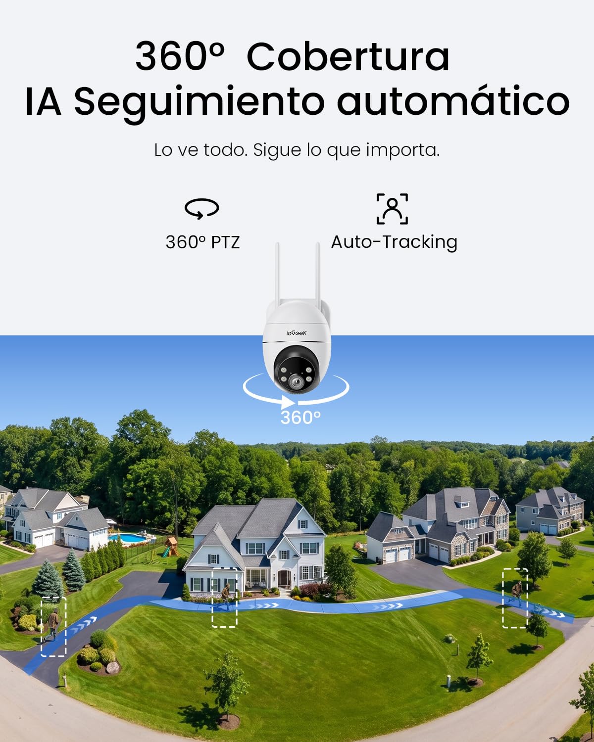 ieGeek 24/7 Grabación Continua Camara Vigilancia WiFi Exterior Solar(AOV), 9000 mAh + 5W Panel Solar,30M Rango de AI Detección,360° Seguimiento Automático,3MP Camara Vigilancia sin Cables, Alarma,IP65