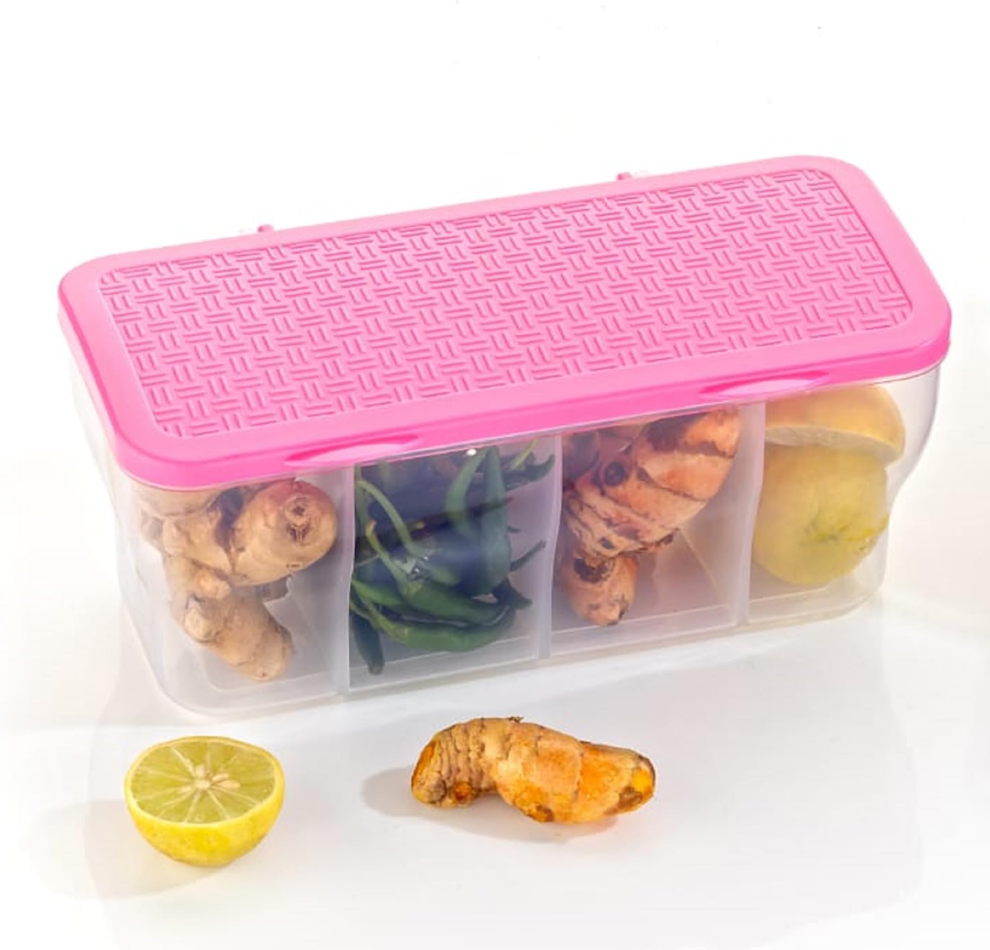 NIX-RO Plastic 4 in 1 Multipurpose Masala Box for Kitchen Spice Boxes for Kitchen Transparent 4 Compartment Storage Containers Airtight Grocery Cereal1800 Ml with 4 Spoons (Multicolor) (pink)