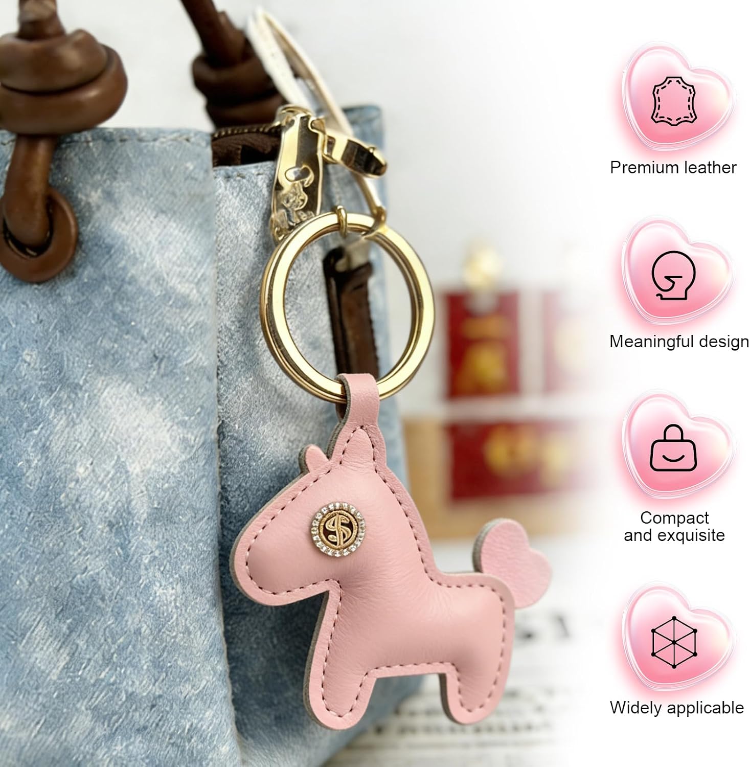 Cute Leather Horse Keychain, Adorable Horse Car Keychain with Bling Dollar Sign, Stylish Bag Charm for Women Girls, Creative Keyring for Handbag, Backpack (Pink) image 3