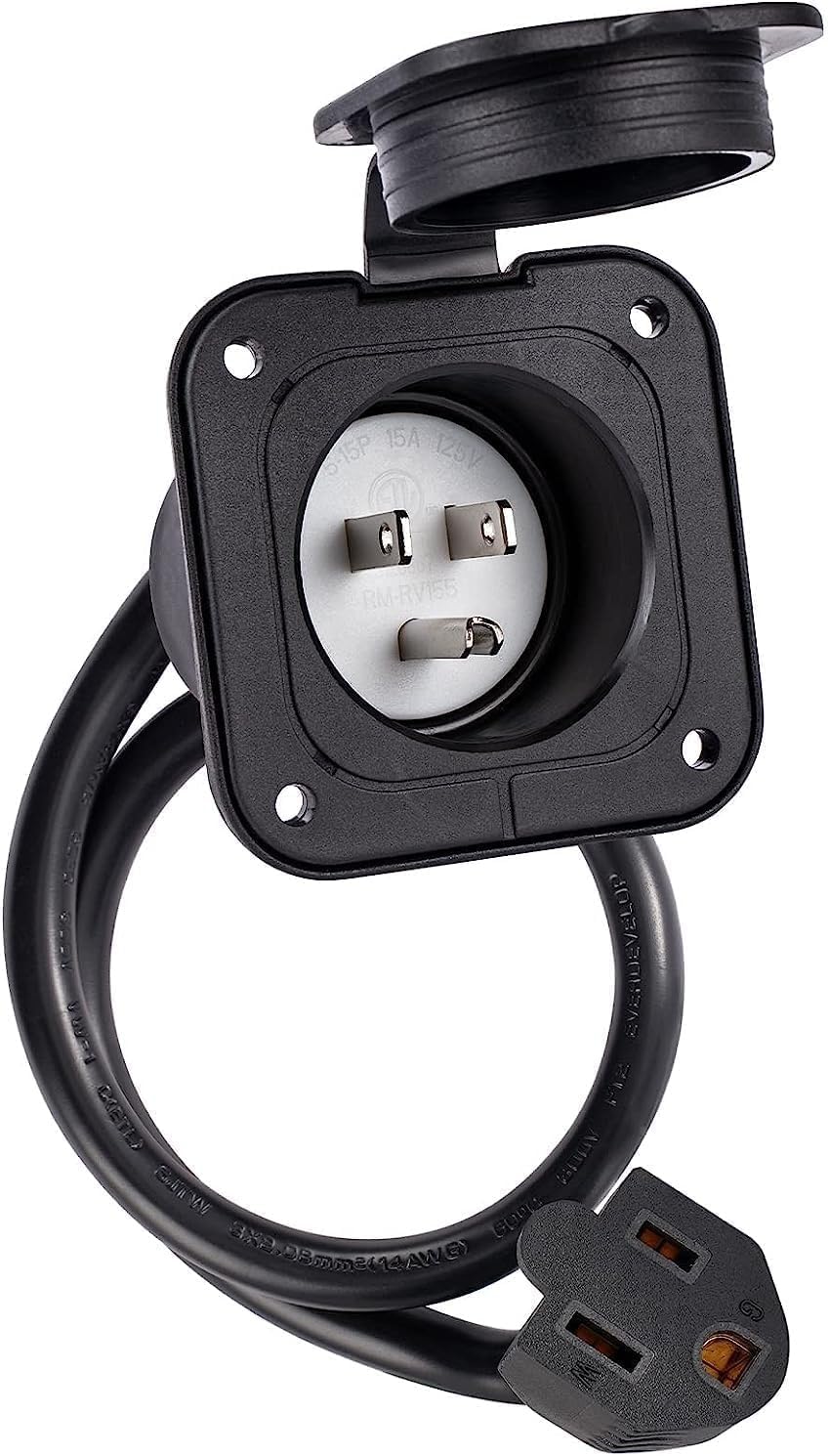 SVNR 15 Amp Flanged Inlet 125V, NEMA 5-15P Shore Power Inlet Plug with 18“ Integrated Outdoor Extension Cord ETL Certified,with Waterproof Cover, Electrical Extensions for Marine Boat RV Camper