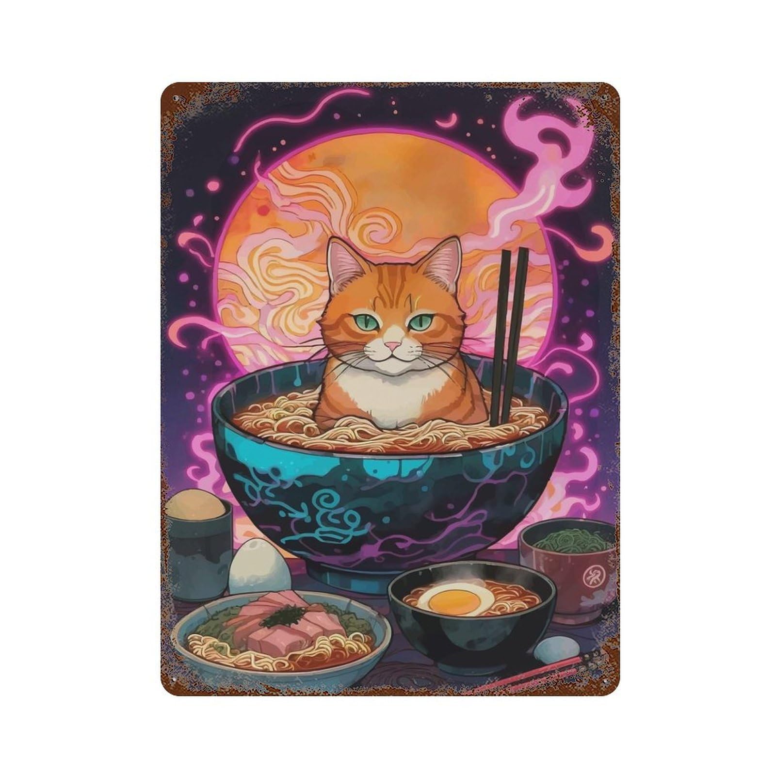 Orange Cat in Ramen Bowl Rust Effect Tin Sign 15.7"x11.8", Old School Wall Decor for Farmhouse, Kitchen And Entryway Decor