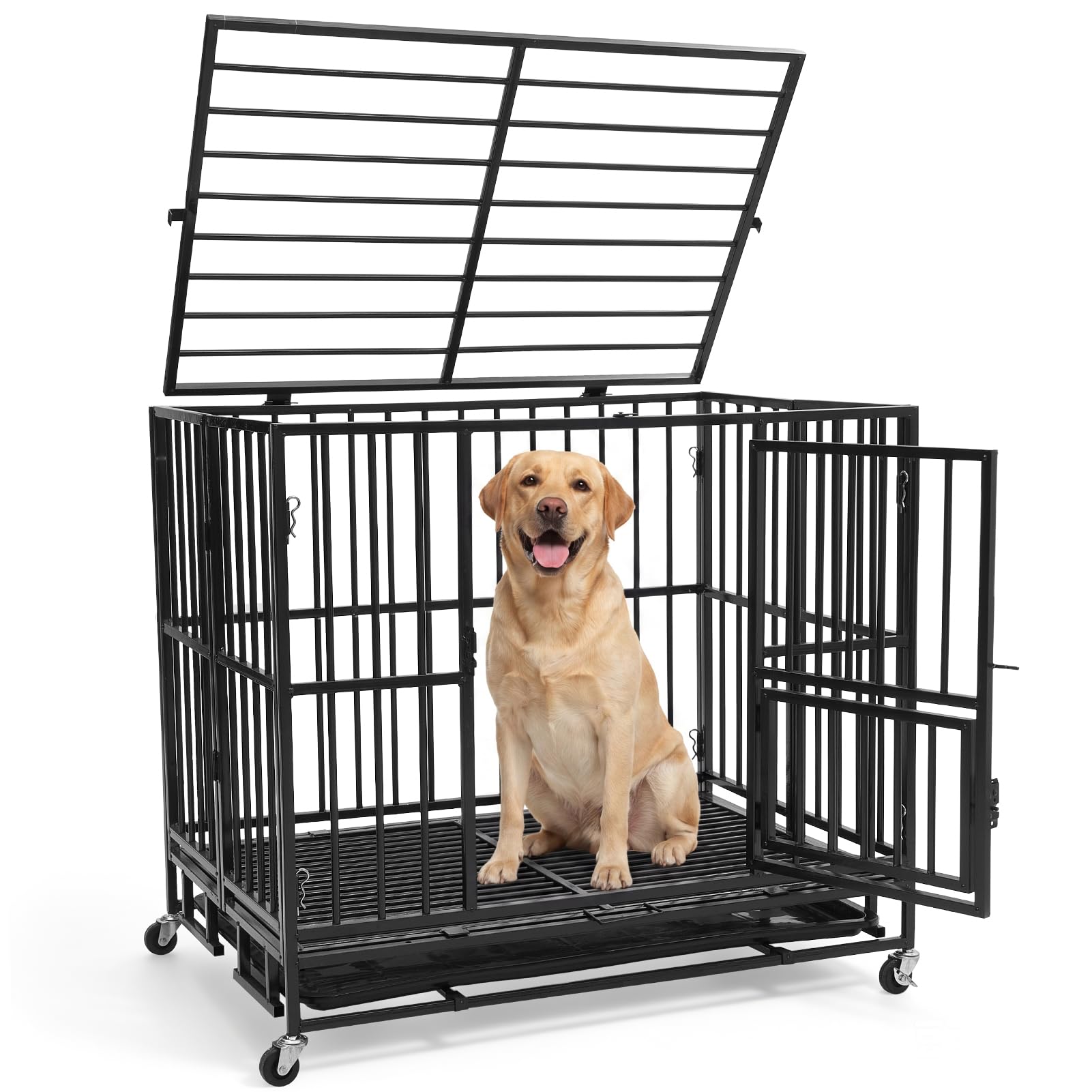The Fellie Heavy Duty Foldable Dog Crate, Round Tube Metal Dog Kennel Cage with Lockable Wheels, 36 inch Sturdy Chew-Proof Pet Cage for Medium Dogs Indoor with Removable Tray, 93x65x84 cm