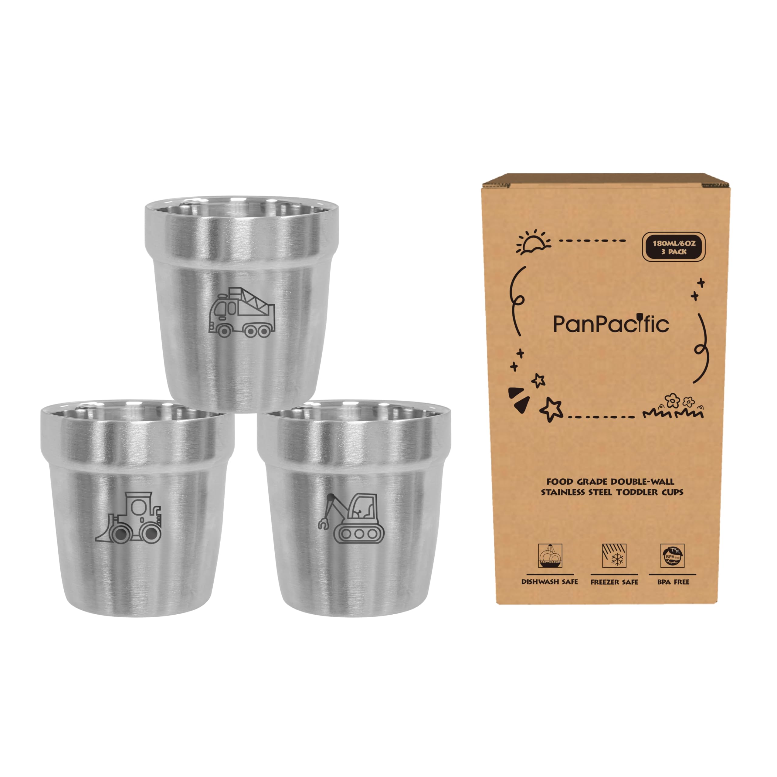 PanPacific Kinderbecher-Set 3-teilig mit Technischem Fahrzeugmuster, 175 ml, Edelstahl-Doppelschicht, Metall-Trinkbecher für Kinder, Campingbecher, Outdoor-Wanderkaffeebecher für Jungen und Mädchen