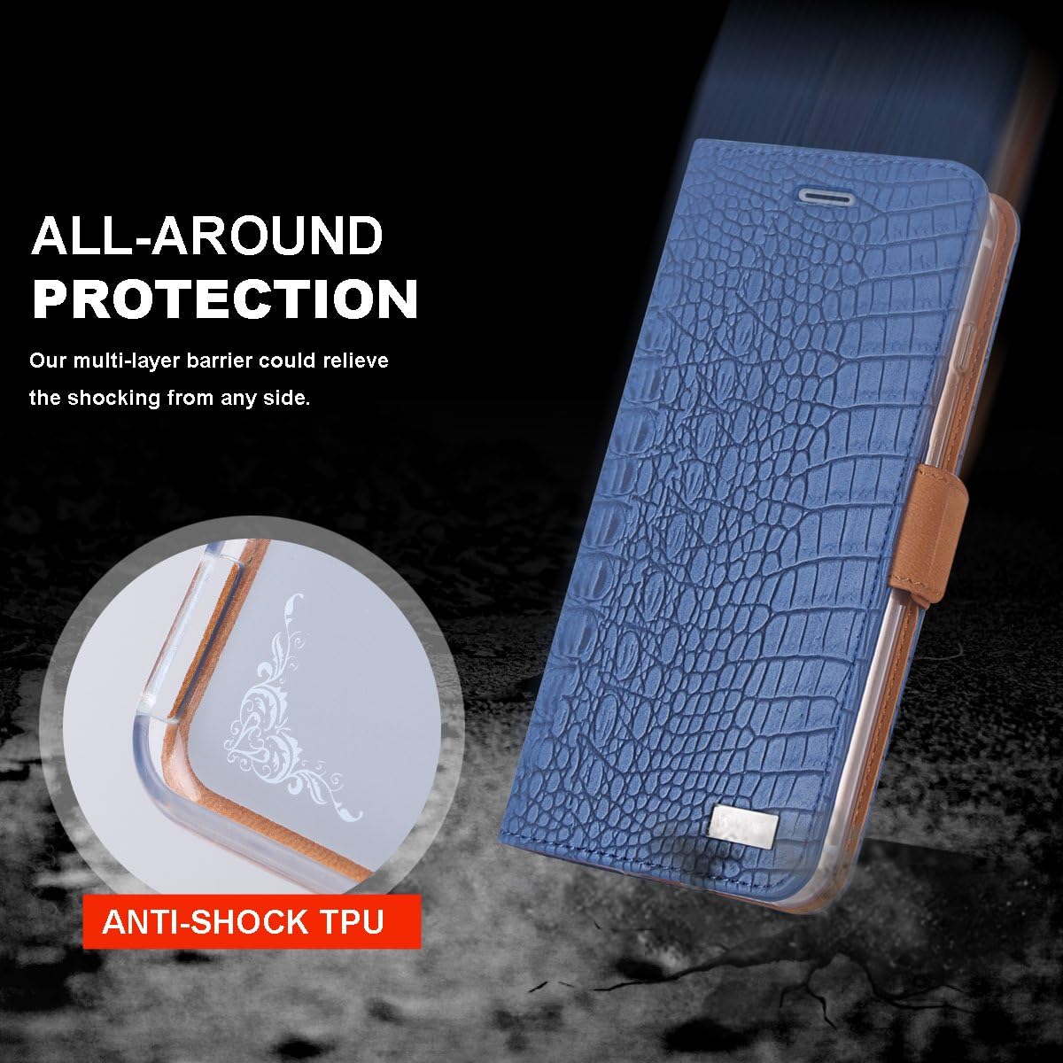 iPhone 8 Plus Case,iPhone 7 Plus Case, WWW [Crocodile Pattern] RFID-Resisting Premium PU Leather Wallet Case Flip Phone Case Cover with Card Slots for iPhone 7 Plus/8 Plus Navy Blue