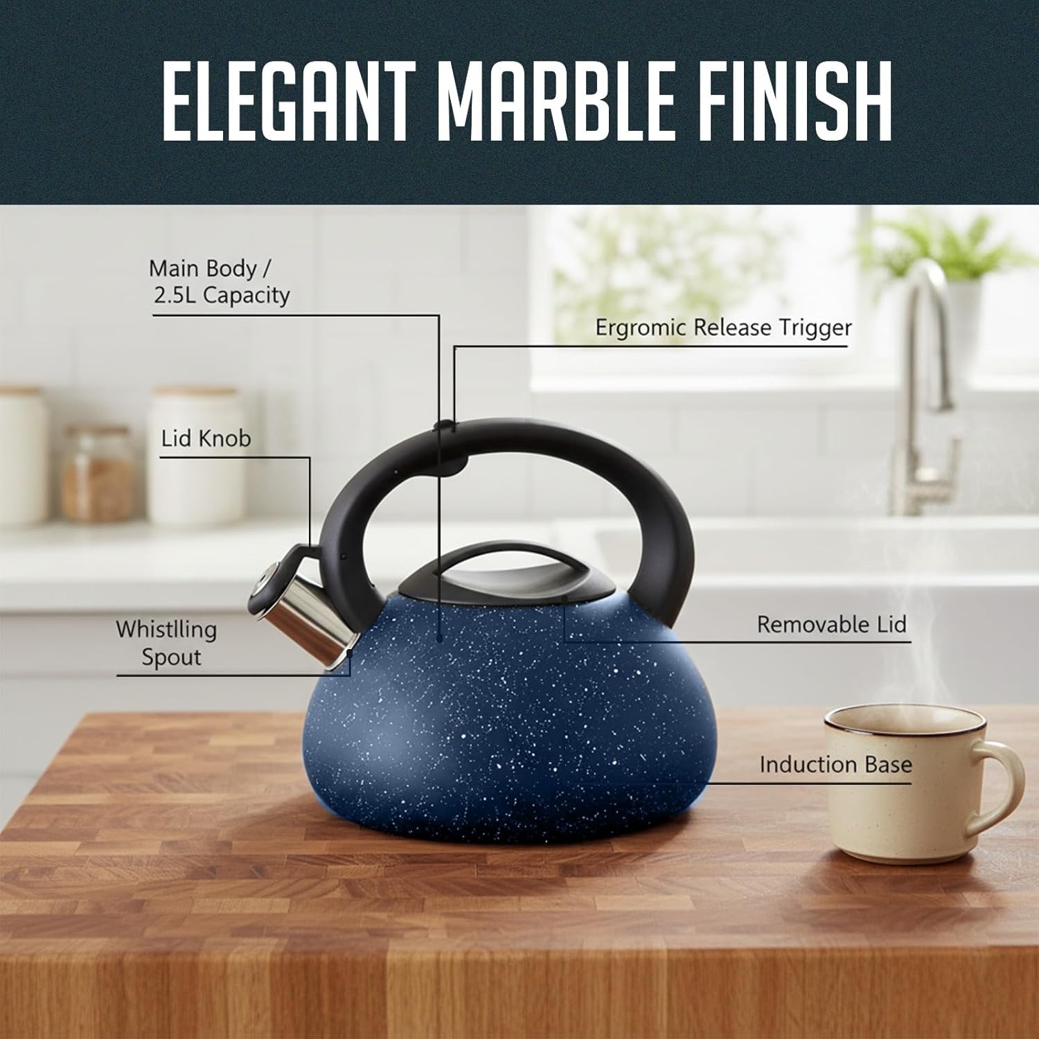 3 Quart Stovetop Whistling Tea Kettle, Granite Finish, Fast Boil for Gas & Electric Stovetops