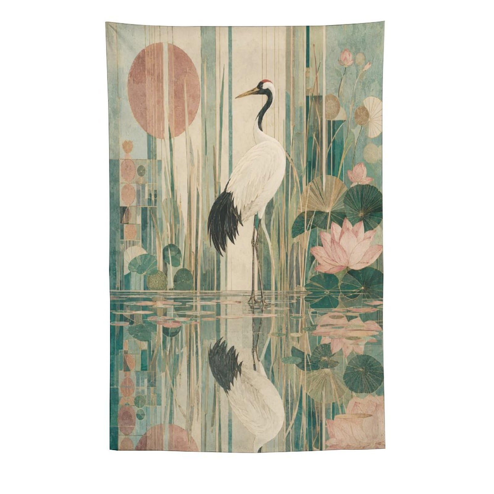 W7C8U2X3 Cranes in Lotus Pond Wall Tapestry, Asian Ink Style, Bedroom