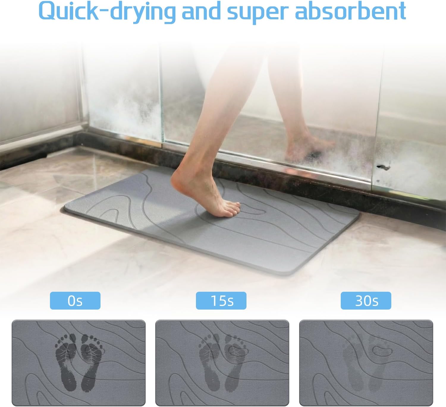 Stone Bath Mat, 20"x30" Large Size Diatomite Fast Drying Non Slip Stone Shower Mat, Super Absorbent for Bathroom & Kitchen, Multi-Use as Pet Mat, Easy to Clean, Gray