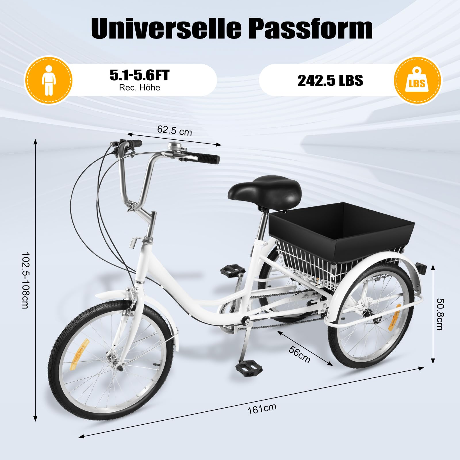 Triciclo de 20 pulgadas, bicicletas de tres ruedas con cesta plegable, 8 ajustes de velocidad, triciclos para hombre, triciclo para compras, ciudad, ocio, color blanco