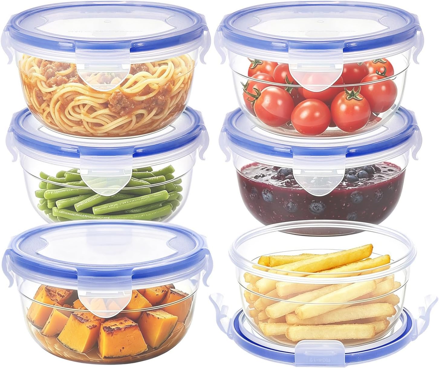 EASYLOCK 6 Pack Round Plastic Food Containers with Lids, Stackable, Reusable, Leak-proof, 600ml, Microwave Freezer Dishwasher Safe (Blue)