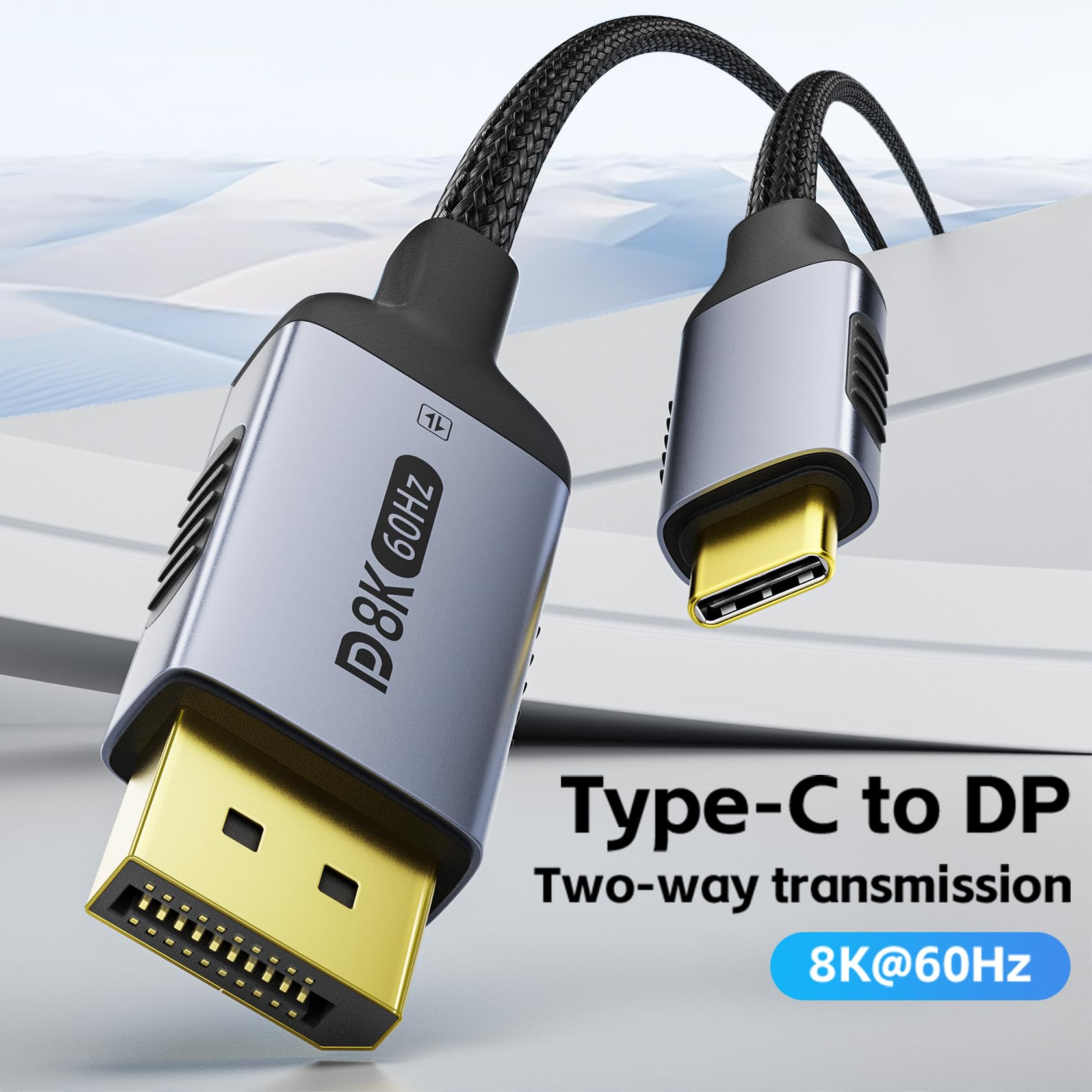 DiamondTiger Bidirectional USB-C to DisplayPort 1.4 Cable 8K@60Hz 4K@240Hz, 6.6FT DP to USB C Thunderbolt 4 Cord,Aluminum Case Nylon Braided, Compatible with iPhone 16 Pro Max, MacBook Pro/Air, iPad