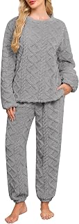 Women's Fluffy Fleece Pajama Sets, Cozy Soft Sleepwear | Loose Fit Ladies Pjs Sets, 2 Piece Plush Ribbed Loungewear with Pockets, Suit for Winter Warm, Outfits, Lounging