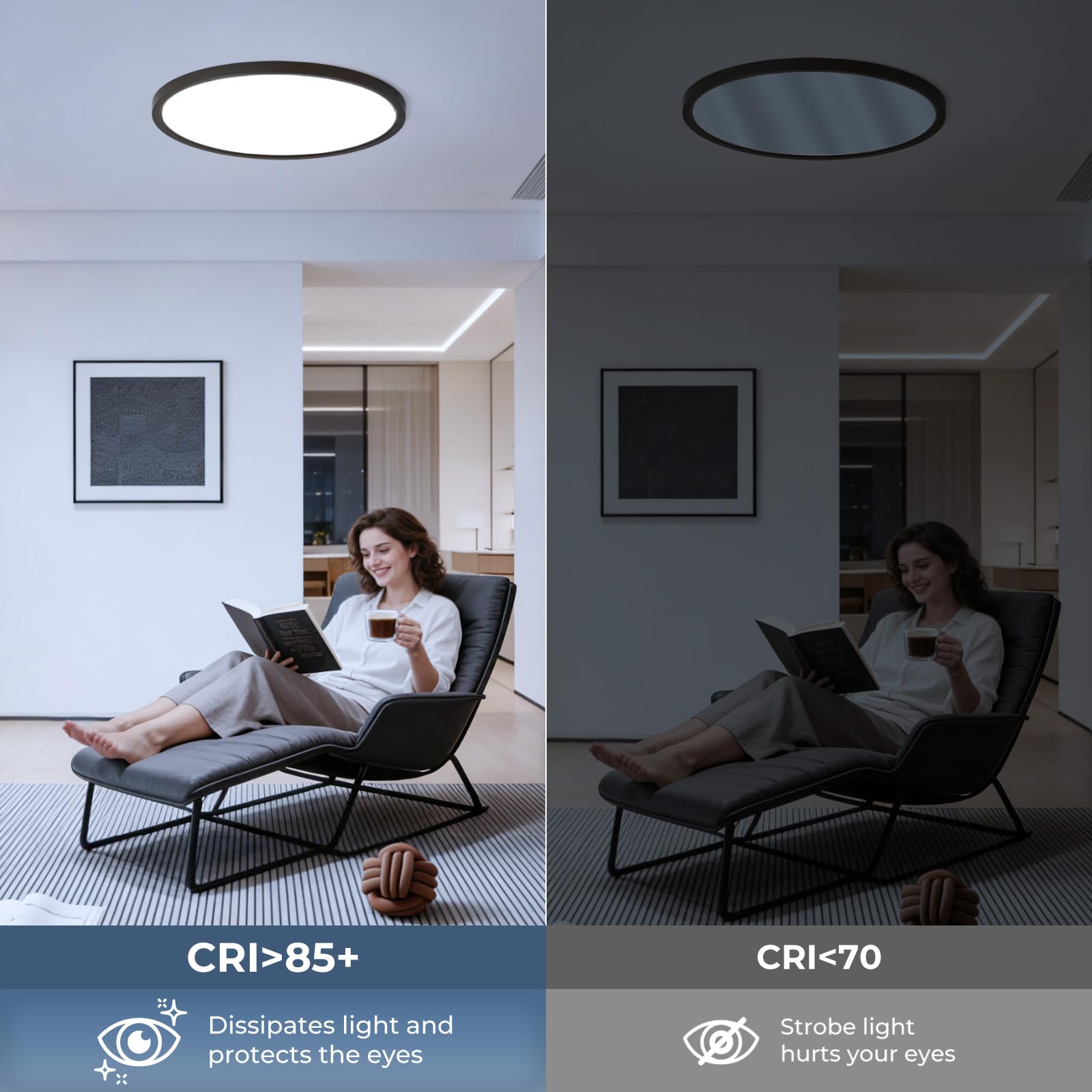 Okrągła lampa sufitowa LED 52 W, 5200 lm, ultra płaska czerń, wodoodporna IP44, zimna biel 6500 K, nowoczesna lampa do salonu, sypialni, kuchni, biura
