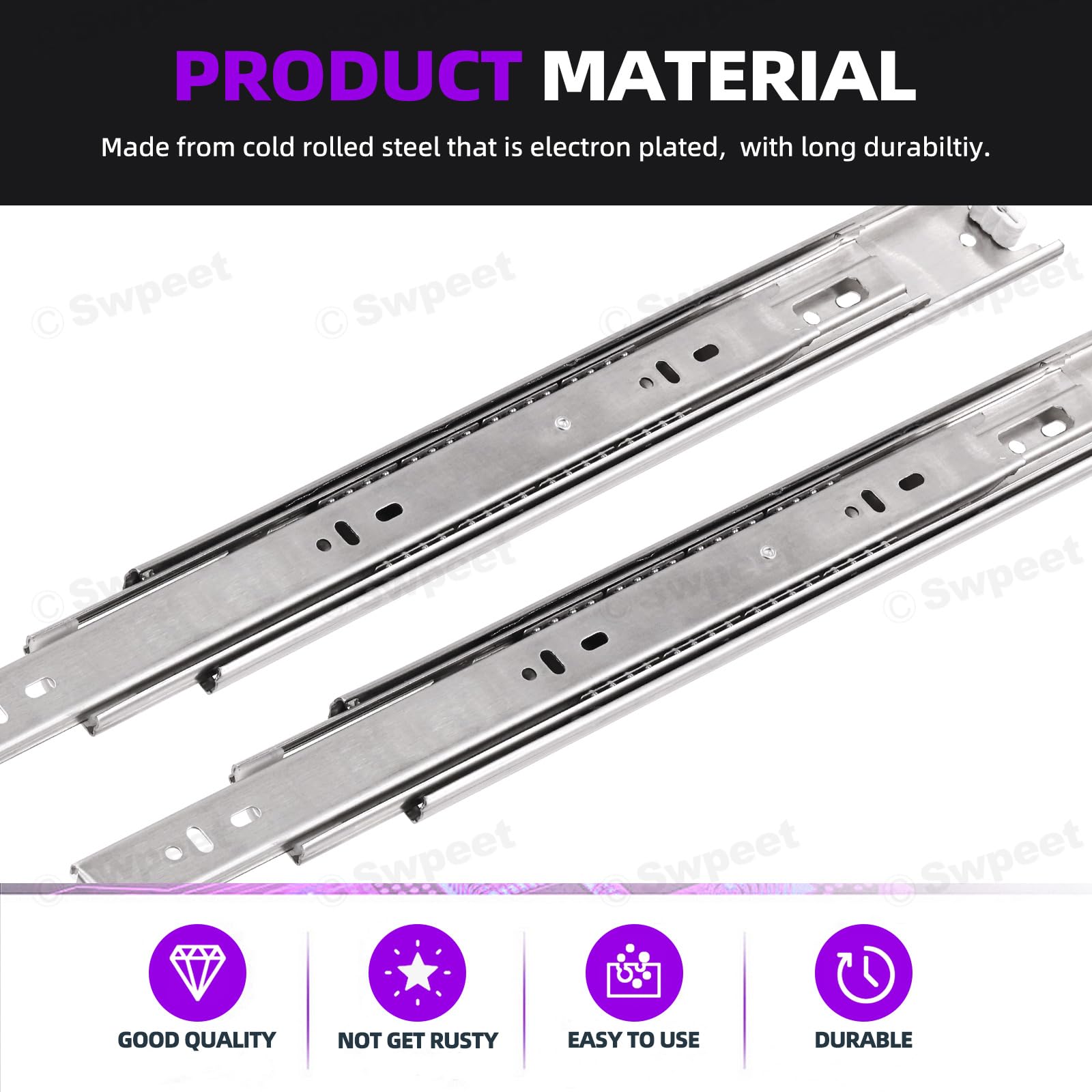 Swpeet 10Pcs 350mm Full Extension Less Noise Ball Bearing Metal Side Mount Drawer Slides - Image 3
