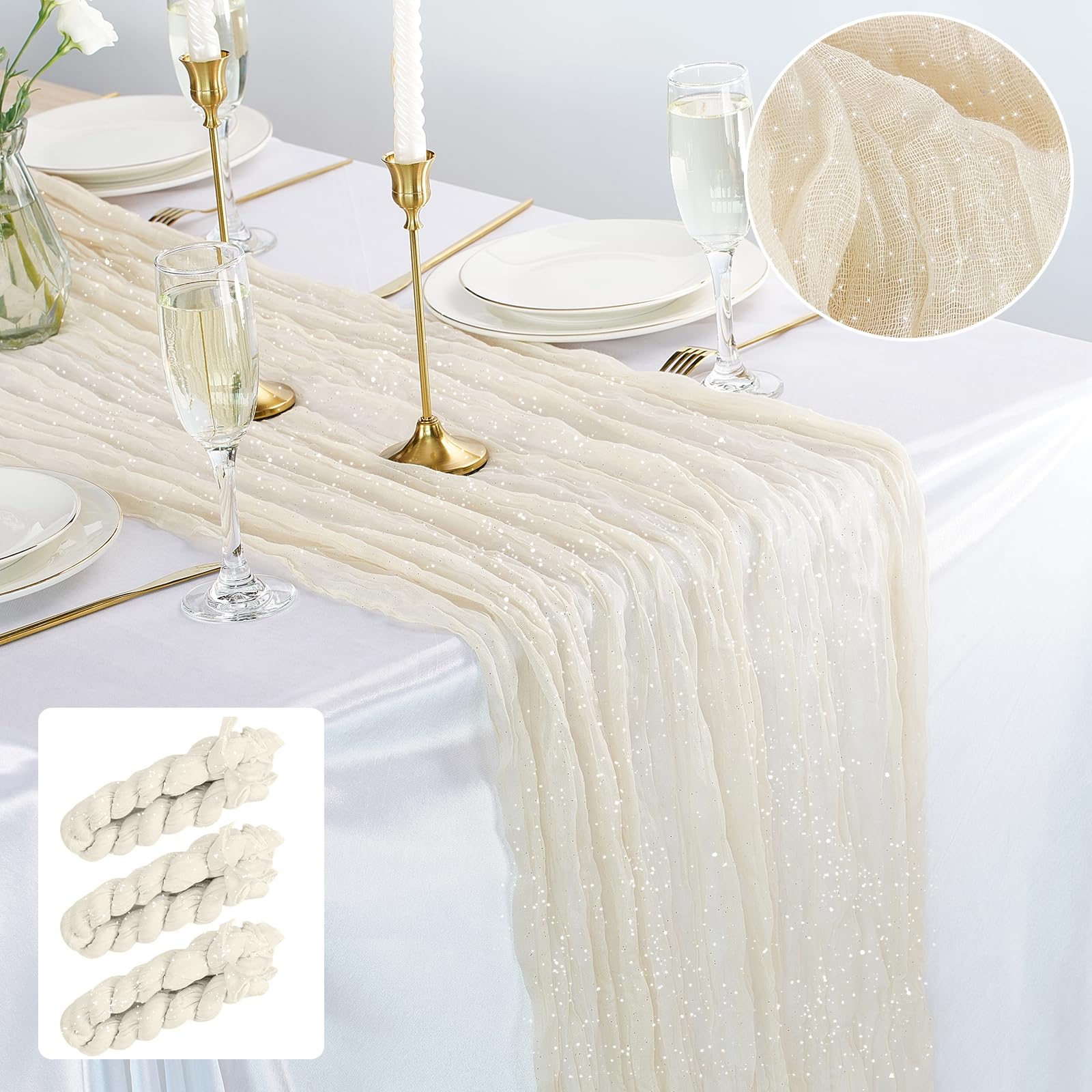 Gzcvba 3PCS Beige Spirng Cheesecloth Table Runner Boho Rustic Gauze 120 inch 10FT Shimmer Cheese Cloth Runner for Wedding Party Baby Shower Birthday