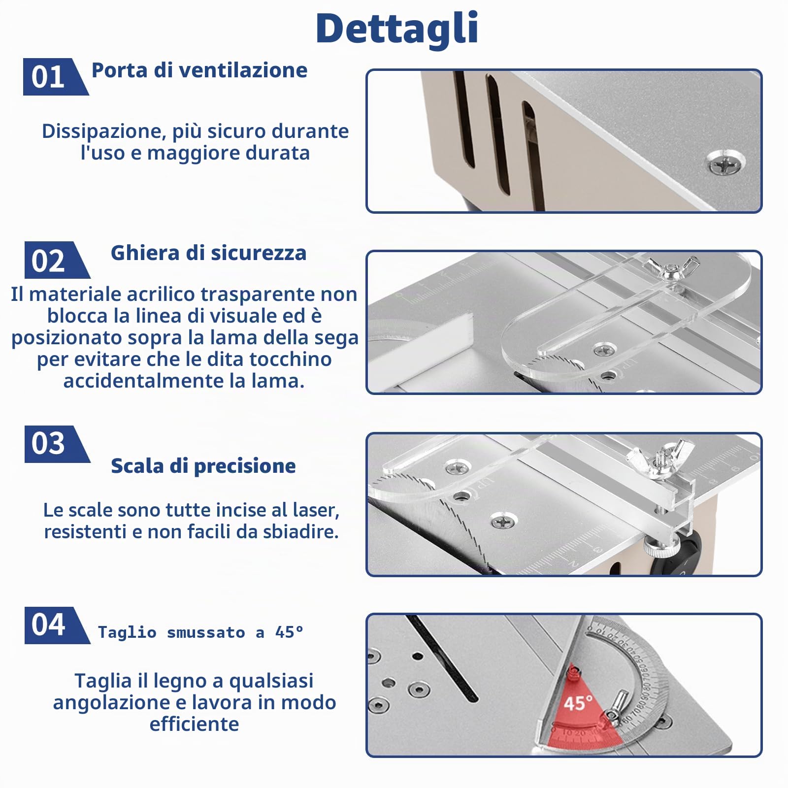 Mini sega circolare da tavolo con 4 lame, alimentazione a 7 velocità 96W Sega circolare di precisione portatile, lama da 0-15 mm Altezza regolabile per bricolage, legno, modellismo