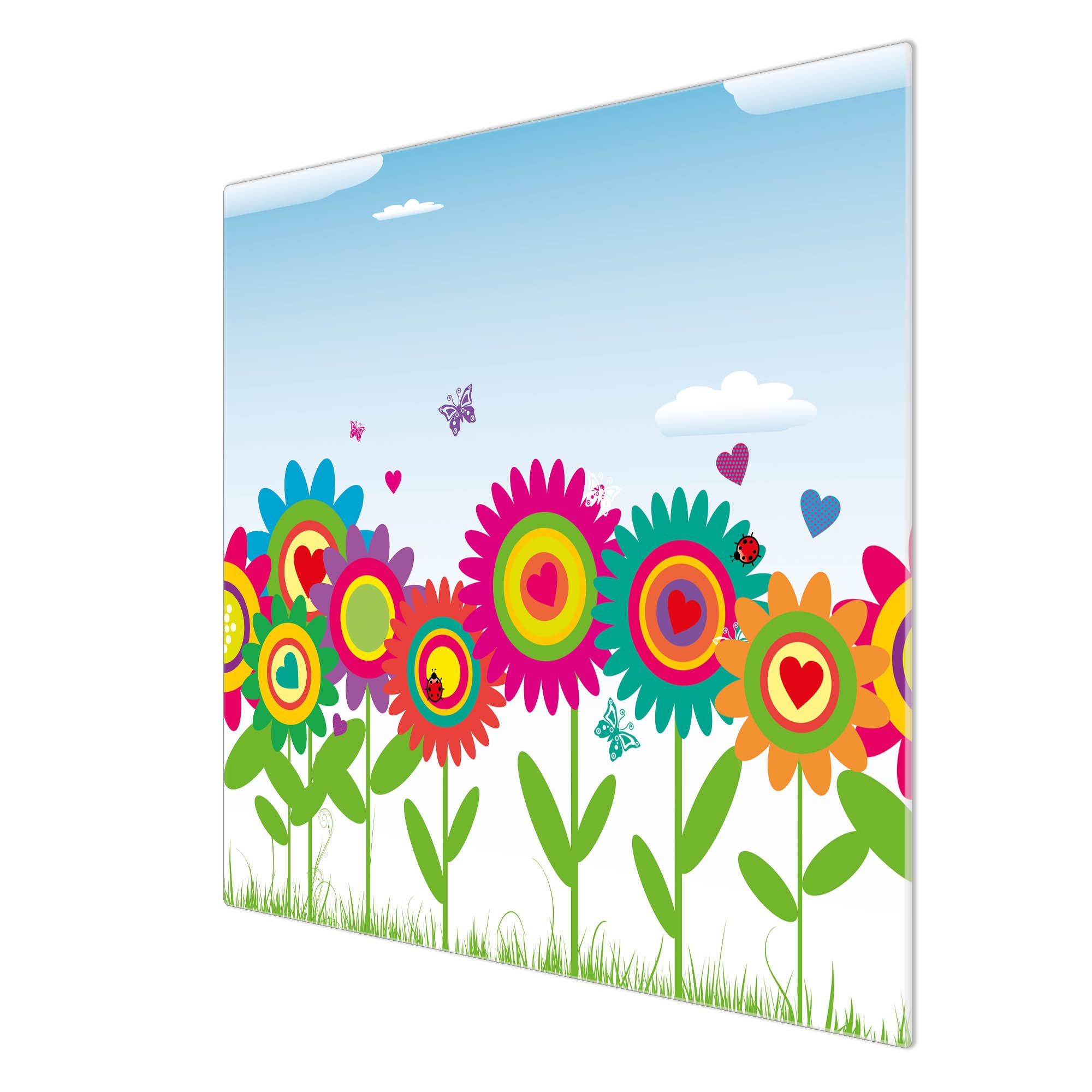 banjado Kochfeldabdeckung Glas mit Blumen und Pflanzen Design frisch 60x52 cm einteilig, hitzebeständige Herdabdeckplatte mit Gumminoppen, Schneidebrett für Küche und Ceranfeld, mit Motiv Bunte Blumen