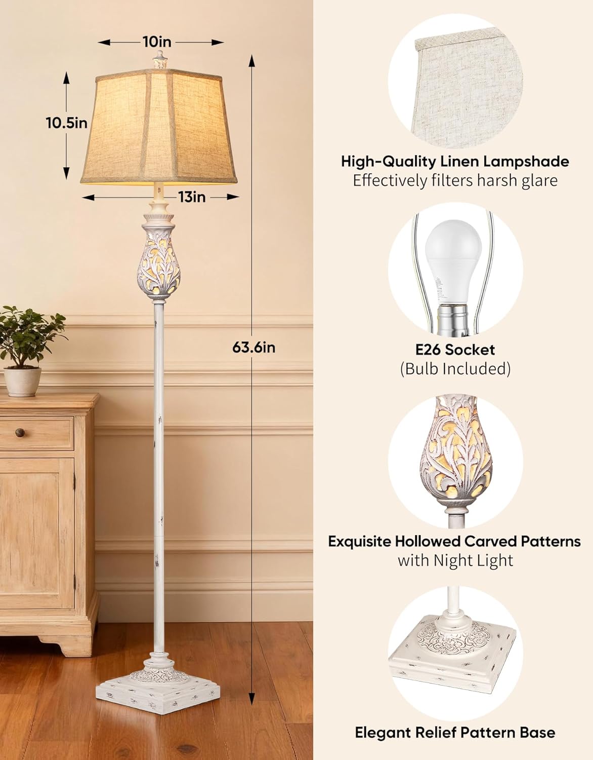 64'' Vintage Floor Lamp with Nightlight, Rustic Farmhouse Tall Standing Lamp with Rotary Switch and Beige Linen Shade for Living Room, Corner, Bedroom, House Decor, Cream White (Bulb Included)