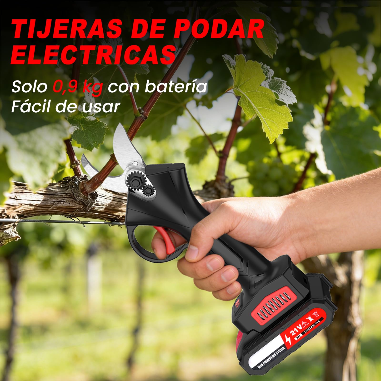 Tijeras de Podar Electricas,30mm Tijeras de Podar Bateria,21V,2*2.0Ah Baterías,Motor sin Escobillas,1*Cuchilla de Repuesto,0,9 kg Cuerpo Ligero, Ideal para Podar Ramas en Jardines, Huertos y Granjas