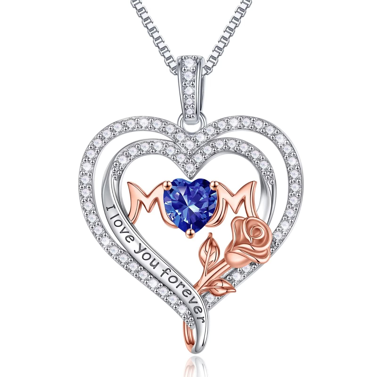 Iefil Birthstone Necklaces Gifts for Mom - S925 Sterling Silver Rose Heart Pendant Birthstone Infinity Necklace for Mom Valentines Birthday Jewelry