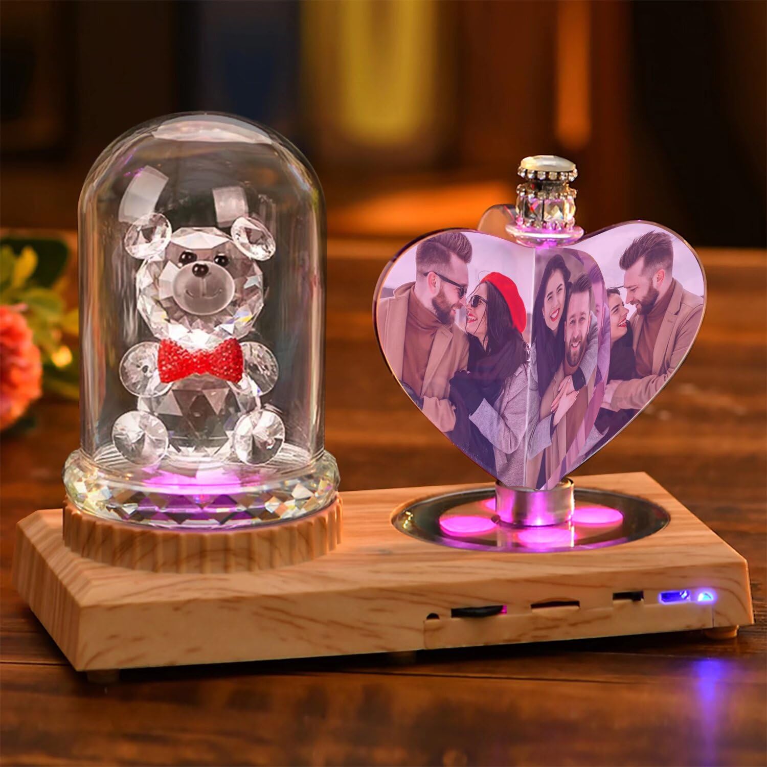 Brocade Creek Personalized Customized Heart 4 Photo Rotate Windmill Photo Frame Crystal Lamp Personalized Gift for Valentine's Day Birthday Bear Lamp