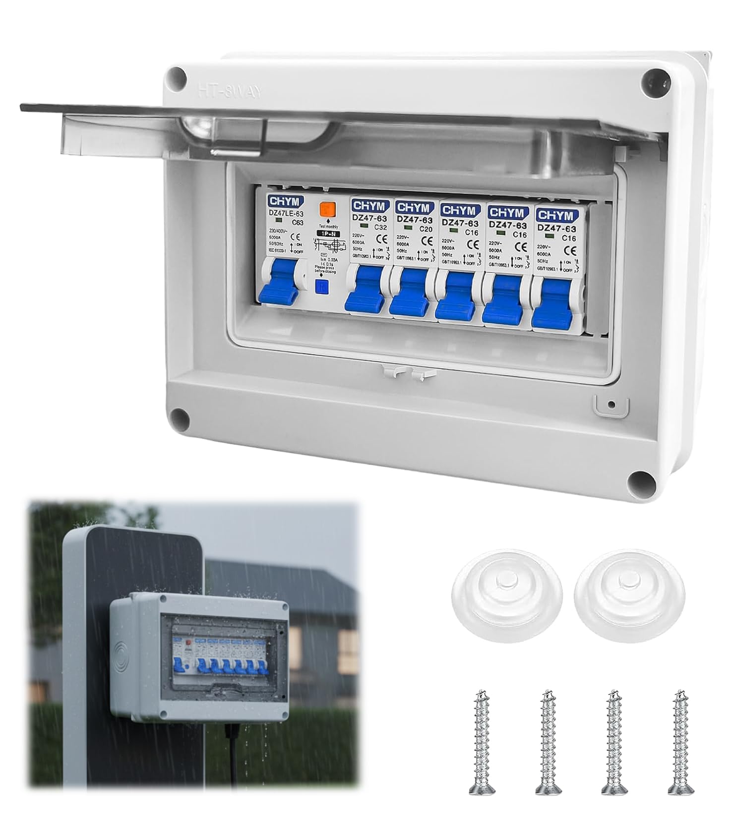 IP65 Caja de fusibles de superficie 63A AC con protección Fi subdistribución 33x16A+20A+32A