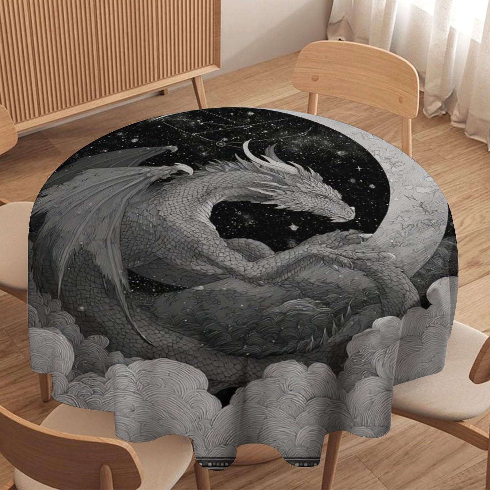 LUYYSKY Vintage Cute Dragon Waterproof Round Tablecloth Classic Oil Painting Galaxy Constellation Fantasy Animal Dragon Washable Table Cover for Kitchen-60 Wx60 L