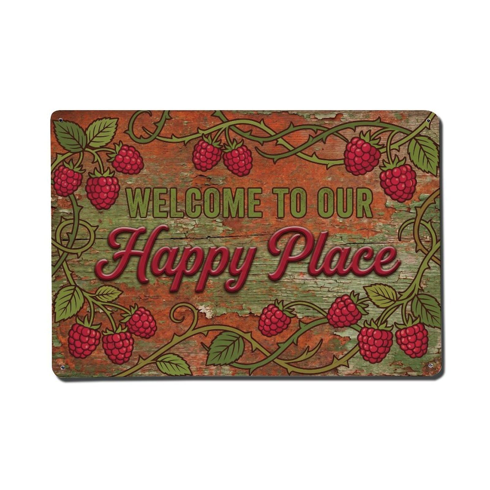 Welcome To Our Happy Place Raspberry Orchard Metal Tin Sign Plaque Wall Decor for Cafe, Club Bar, Office, Home Garden Metal Poster 8x12Inch