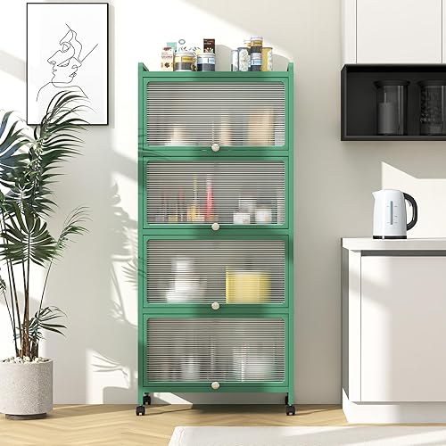 Miniatura 9 de Giantex Armario de almacenamiento de cocina de 5 niveles, soporte móvil para microondas con puertas de PC abatibles, estante de panadería de cocina