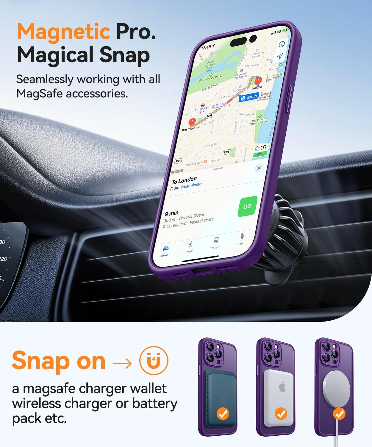 CANSHN 360° Spin Magnetic Stand for iPhone 15 Pro Max Case [Full Camera Protection] [Compatible with Magsafe] [Translucent Matte] Shockproof Protective Kickstand Phone Cover 6.7" - Deep Purple - Image 5