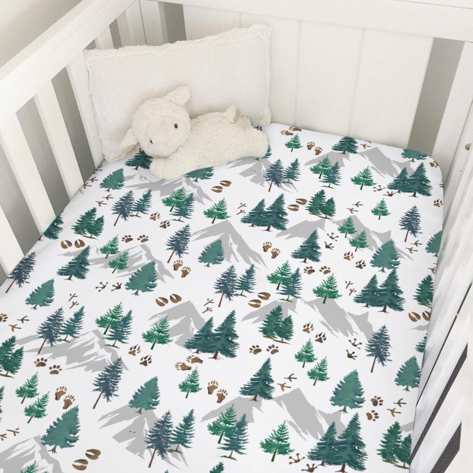 Green Pine Forest Animals Tracks Baby Crib Sheet 52''x28'' Woodland Pine Trees Paws Mountain Stretchy Fitted Crib Mattress Cover for Boy Girl Soft Baby Bed Sheets for Standard Crib Toddler Mattress