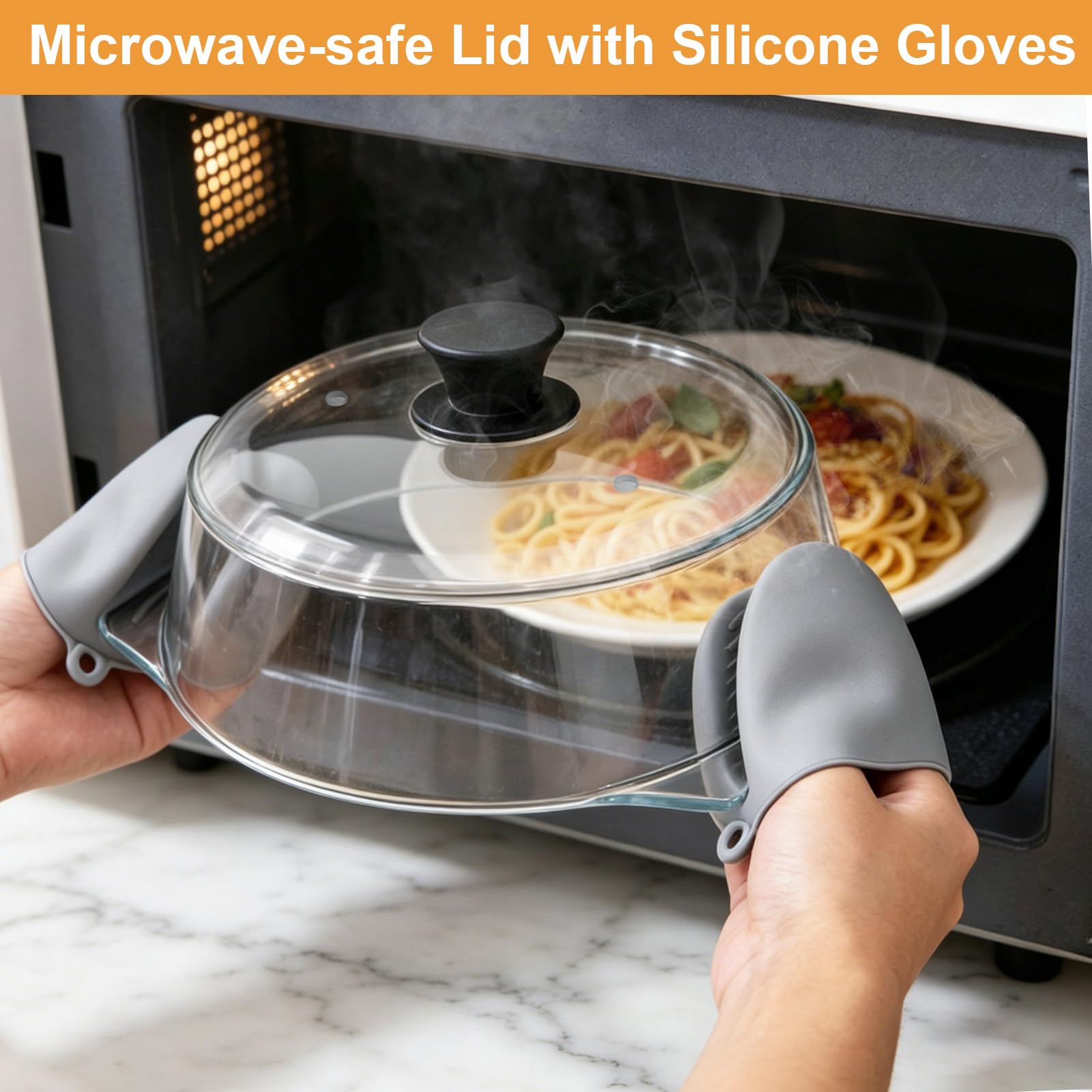 Cubierta de Vidrio para Tapa Microondas para Alimentos: Protector Antisalpicaduras con Asas de Silicona & Alfombrilla de Silicona-Tapa Microondas Cristal con Doble Orificio de Ventilación-Para Platos