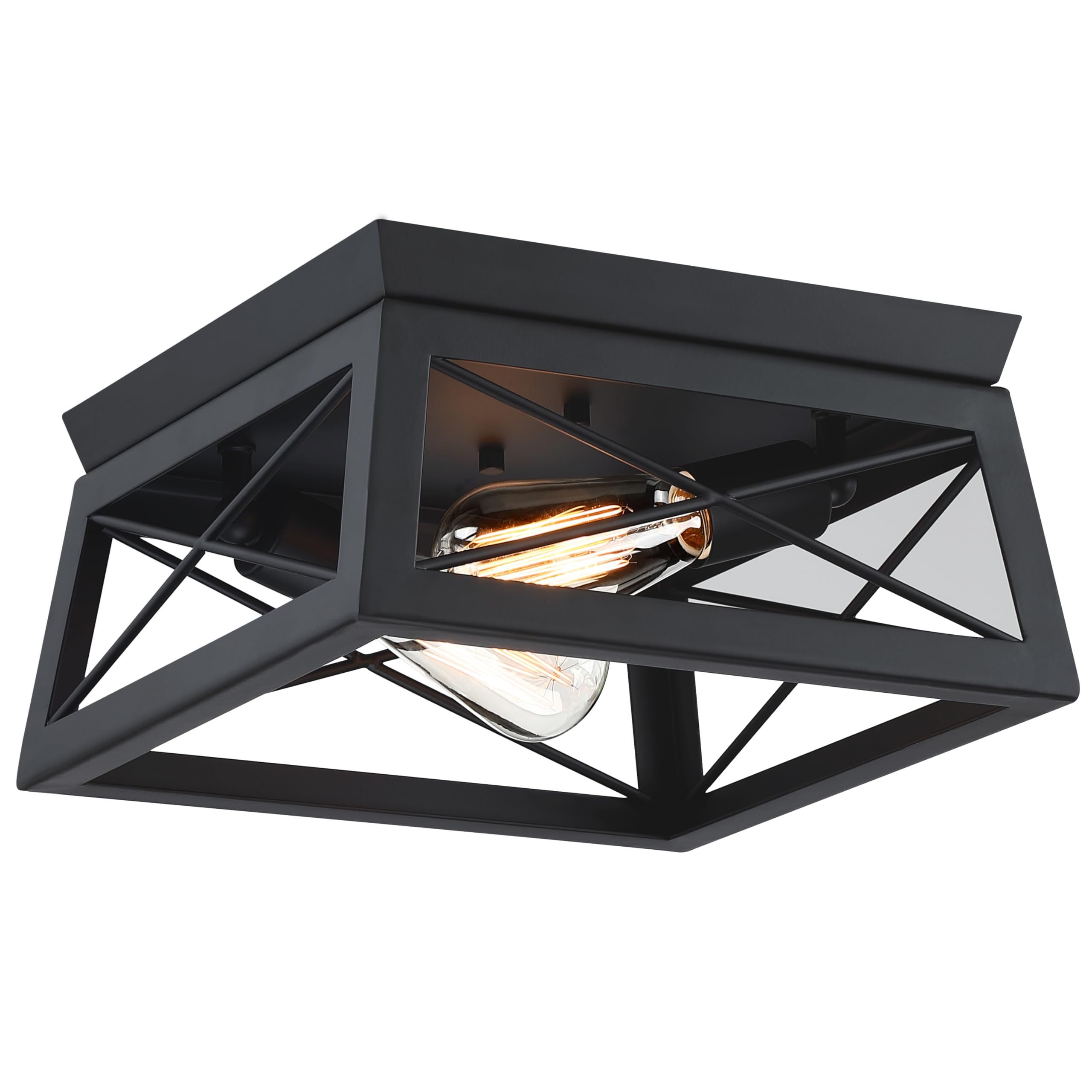 Pia Ricco Flush Mount, Modern Industrial Square Ceiling Light for Outdoor Porch, Indoor Kitchen, Hallway, Entry - Black Rustic Style, 2-Light