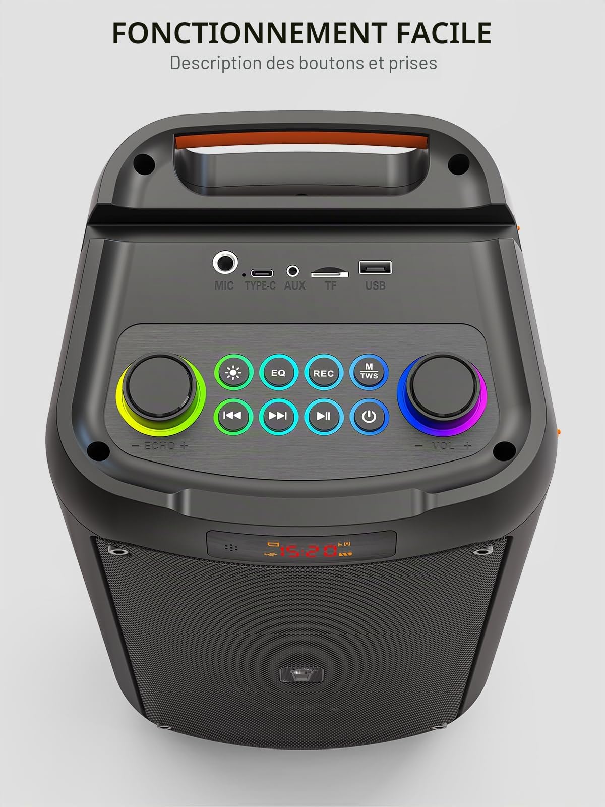 Machine de karaoké, enceinte portable d'extérieur avec 2 microphones sans fil, système PA avec lumières LED pour camping, plage, fête, prise en charge USB/TF/REC/AUX, batterie de 6000 mAh, cadeaux