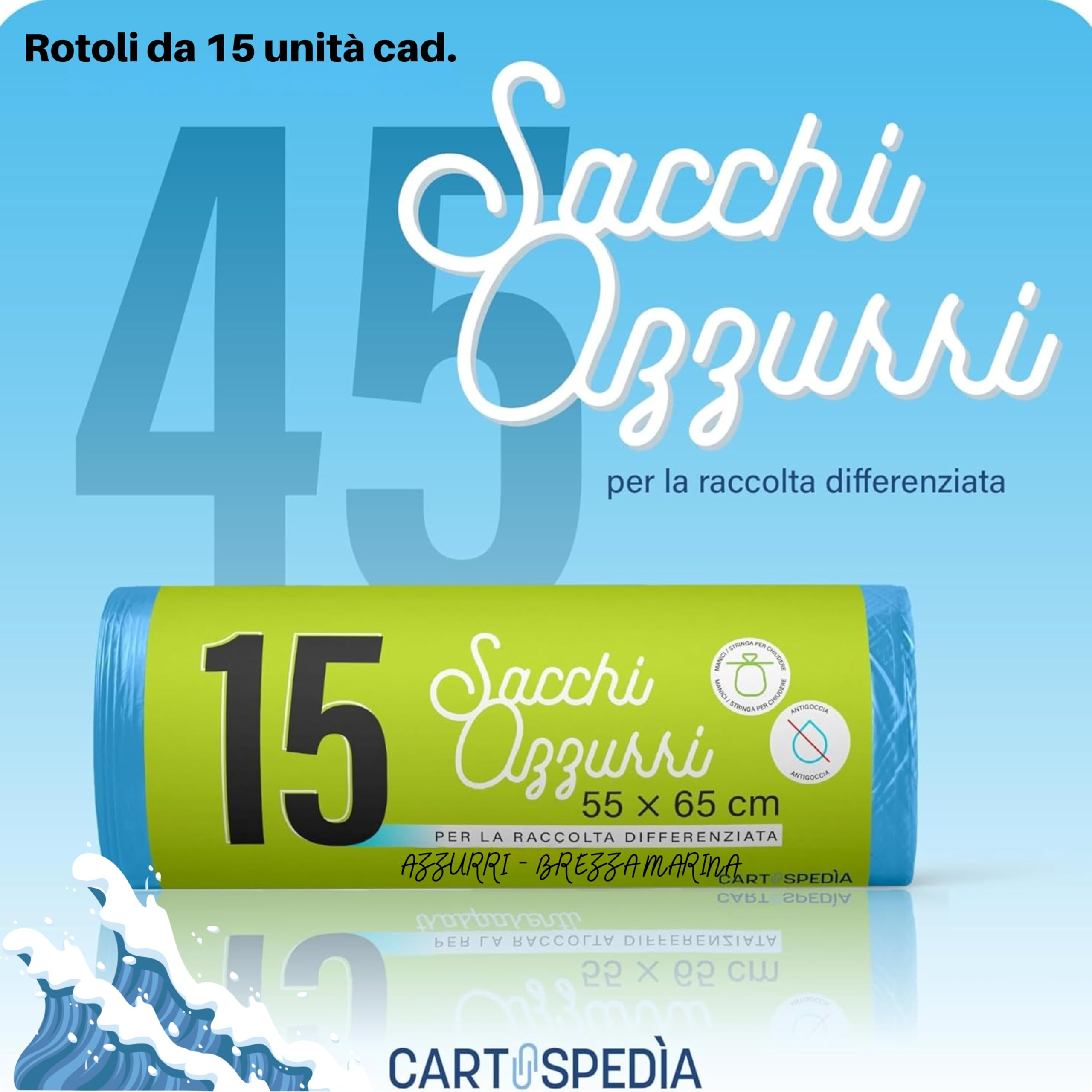 675 Sacchetti Spazzatura, Raccolta Differenziata, PROFUMO BREZZA MARINA, MISURA: 55x65 cm, Resistenti con Manici - Fondo Antigoccia, In Rotoli Salvaspazio, Ideali per La Roccolta Differenziata