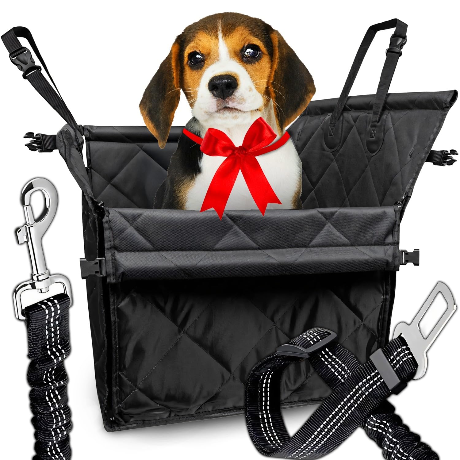 Retoo Seggiolino auto per cani extra stabile, pareti rinforzate e cinghie di fissaggio, seggiolino auto per cani con tasca, seggiolino per cani di piccola e media taglia, 60 x 50 x 53 cm, nero