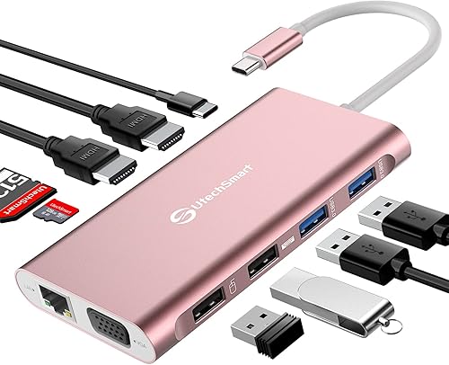 Vista 8 de Estación de acoplamiento USB C de monitor dual, UtechSmart 11 en 1 USB C Hub de triple pantalla, soporte para portátil con 2 HDMI, Ethernet, VGA