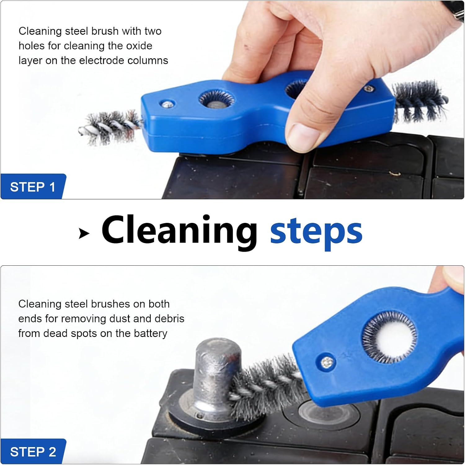 2 PCS Car Battery Terminal Cleaner Spray, 4-in-1 Battery Post Cleaner Brush with Steel Wire, Cleaning Tool for Terminals and Pipes, Universal for Most Cars, Trucks, SUVs (Blue)