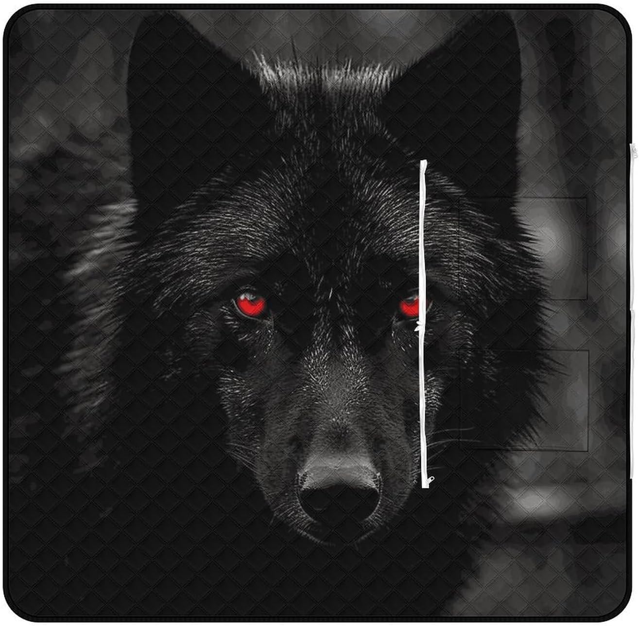 Black Red Eyed Wolf Picnic Blanket 150x150cm, Foldable 2-in-1 Picnic Mat and Tote Bag Portable Waterproof Beach Mat Sandproof Outdoor Blanket for Park, Hiking, Beach, Camping, Travel