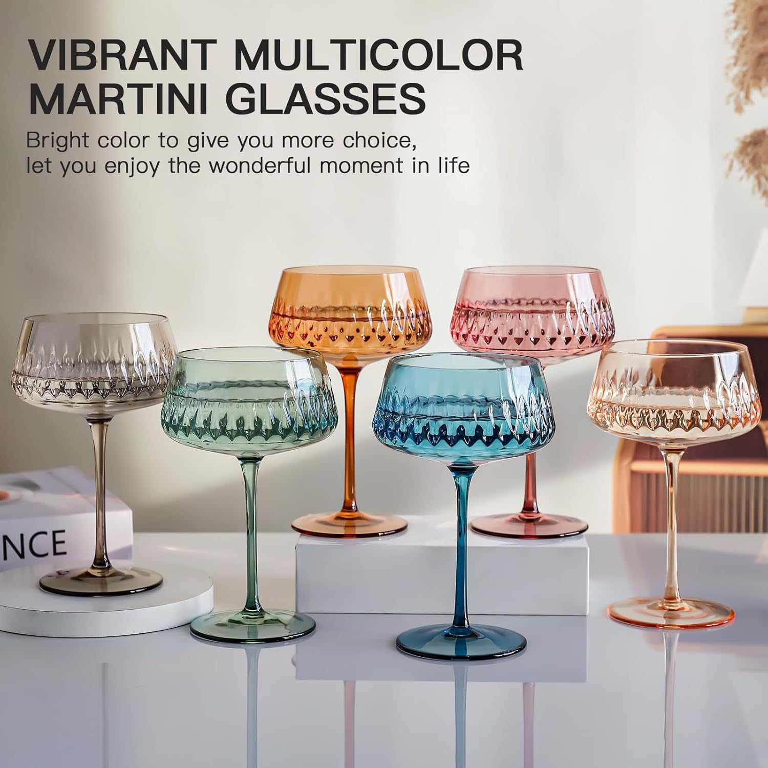 Colored Martini Glasses Set of 6, Hand Blown Colorful Cocktail Glass 14Oz, Large Vintage Champagne Coupe Glasses,Crystal Retro Style Bar and New Year Drinking Glasses, Valentine's Day Gifts - Image 6