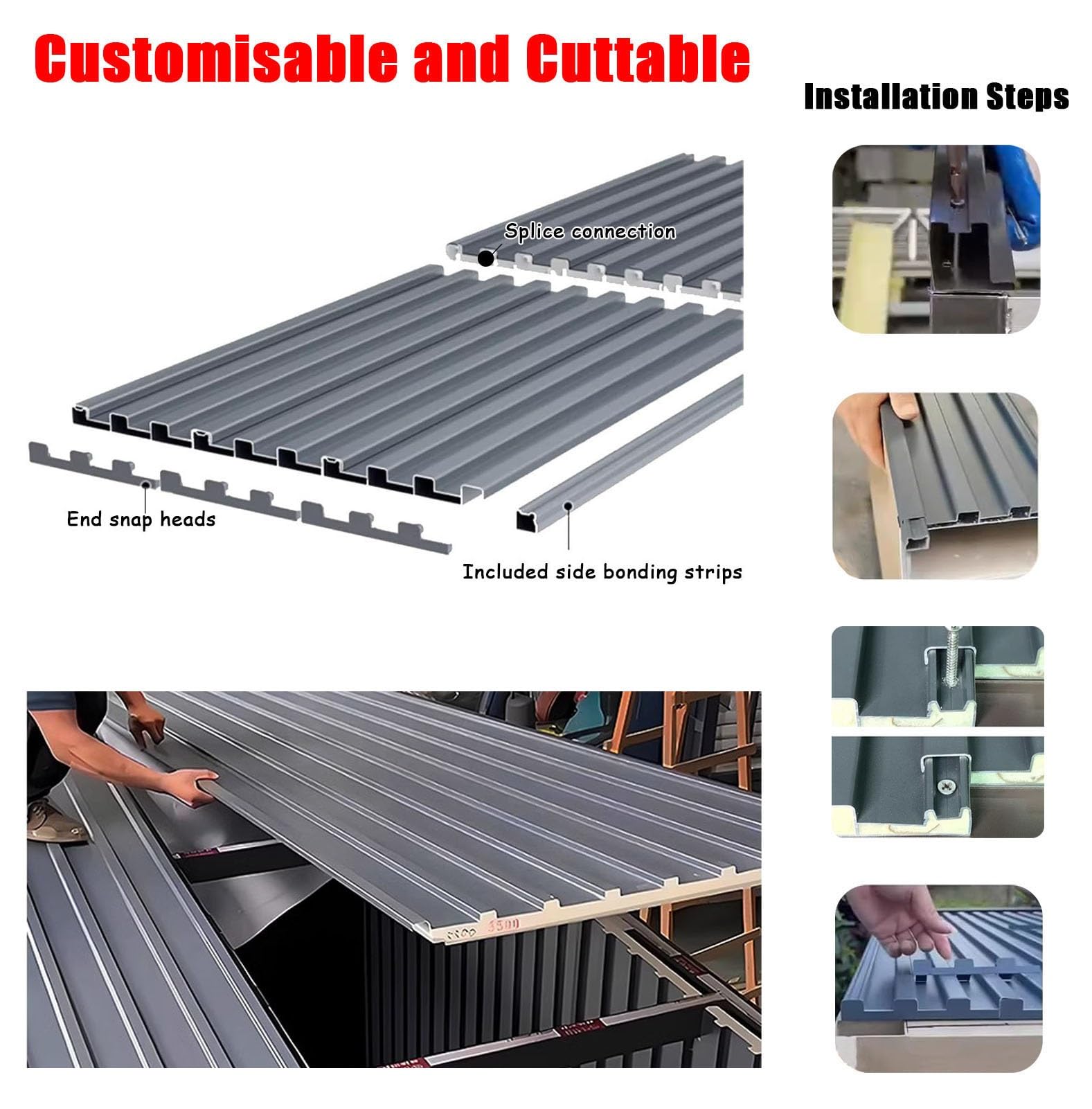 5-pak aluminiowych paneli elewacyjnych dachowych - 4,5 cm grubości, izolowane arkusze dachowe do samodzielnego montażu markiz(90cm 5pcs)